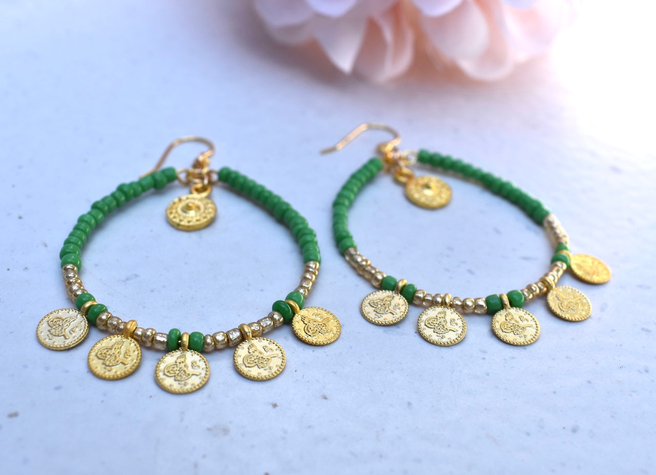 'Jade' - beaded green and gold hoop earrings