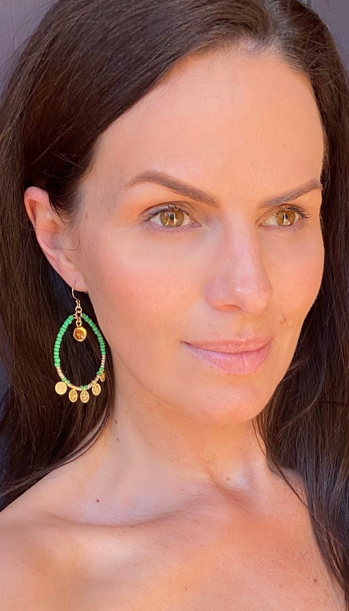 'Jade' - beaded green and gold hoop earrings