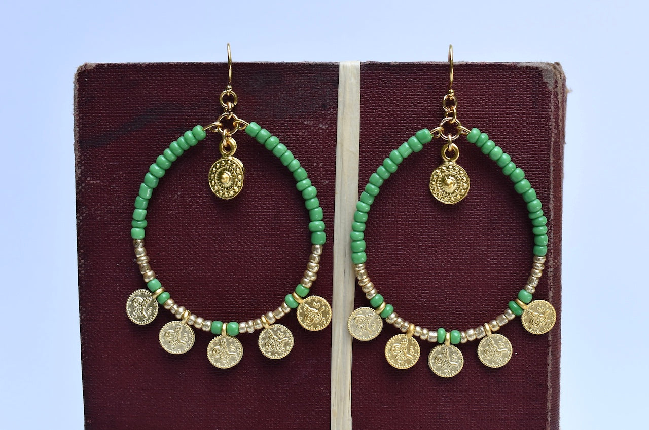 'Jade' - beaded green and gold hoop earrings
