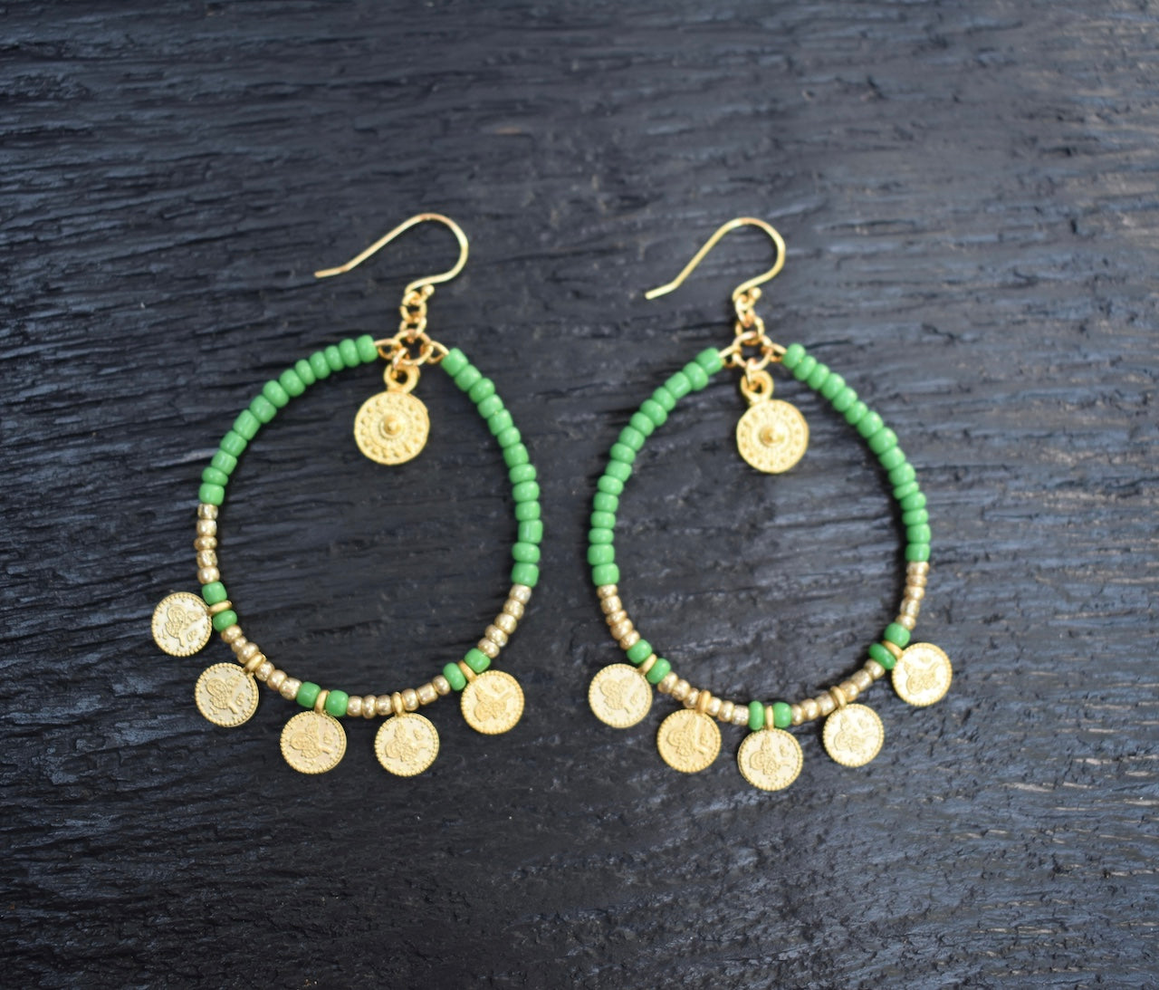 'Jade' - beaded green and gold hoop earrings