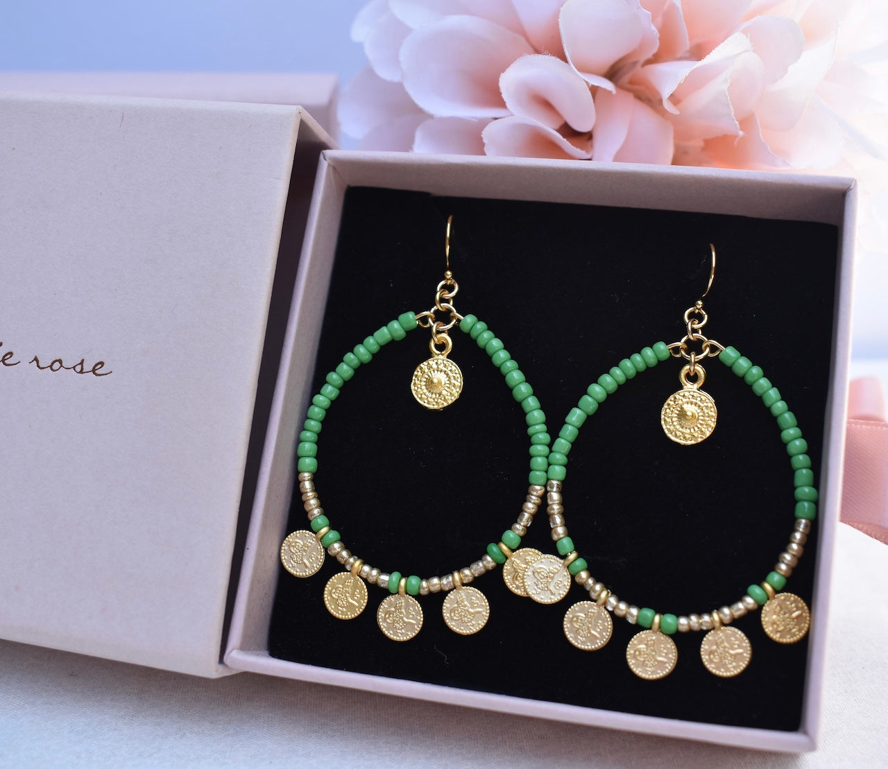 'Jade' - beaded green and gold hoop earrings