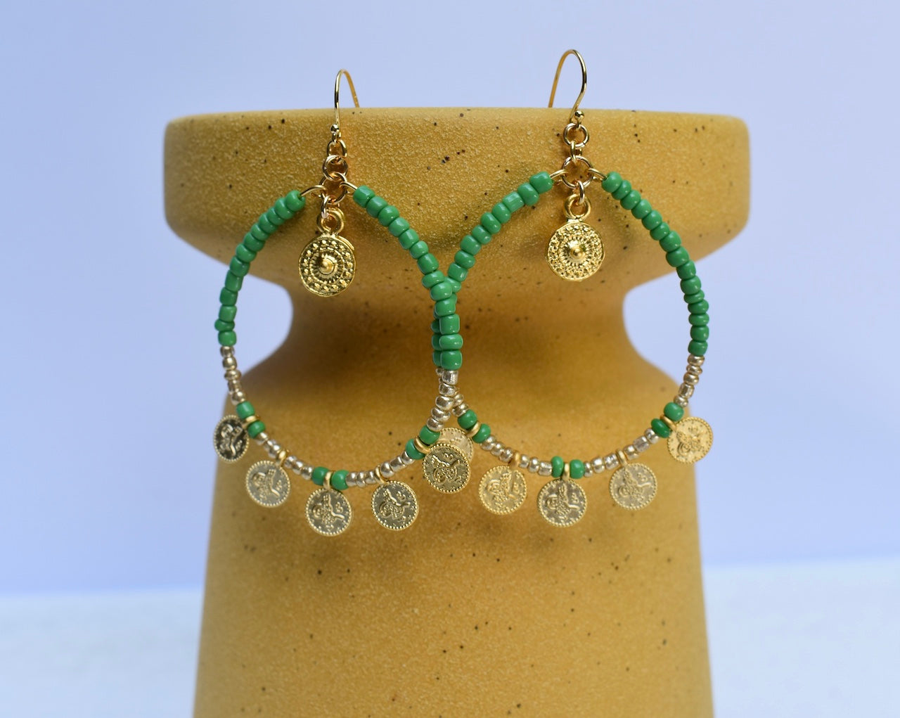'Jade' - beaded green and gold hoop earrings