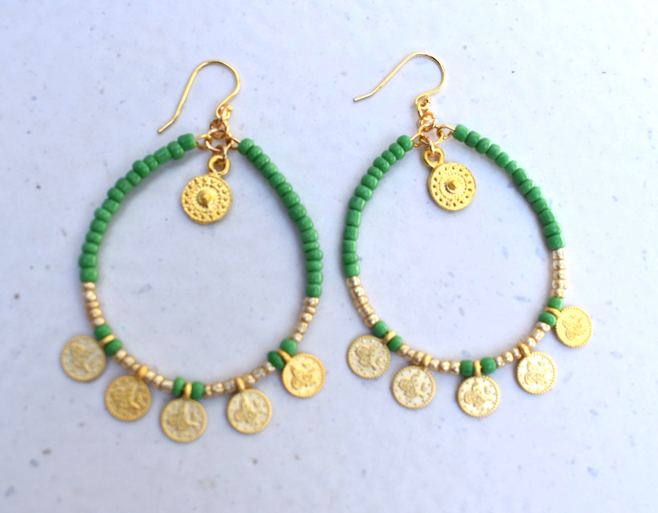 'Jade' - beaded green and gold hoop earrings