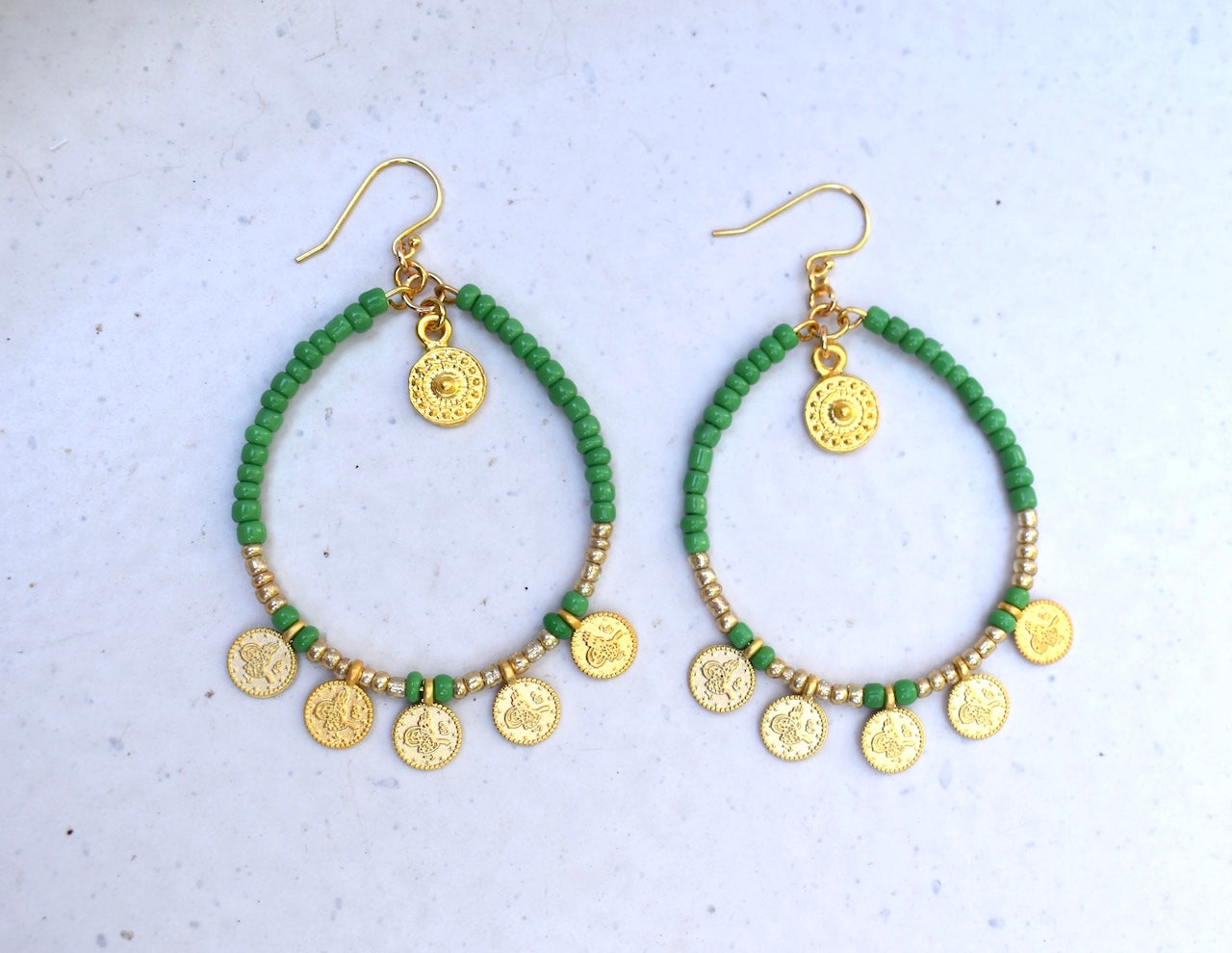 'Jade' - beaded green and gold hoop earrings