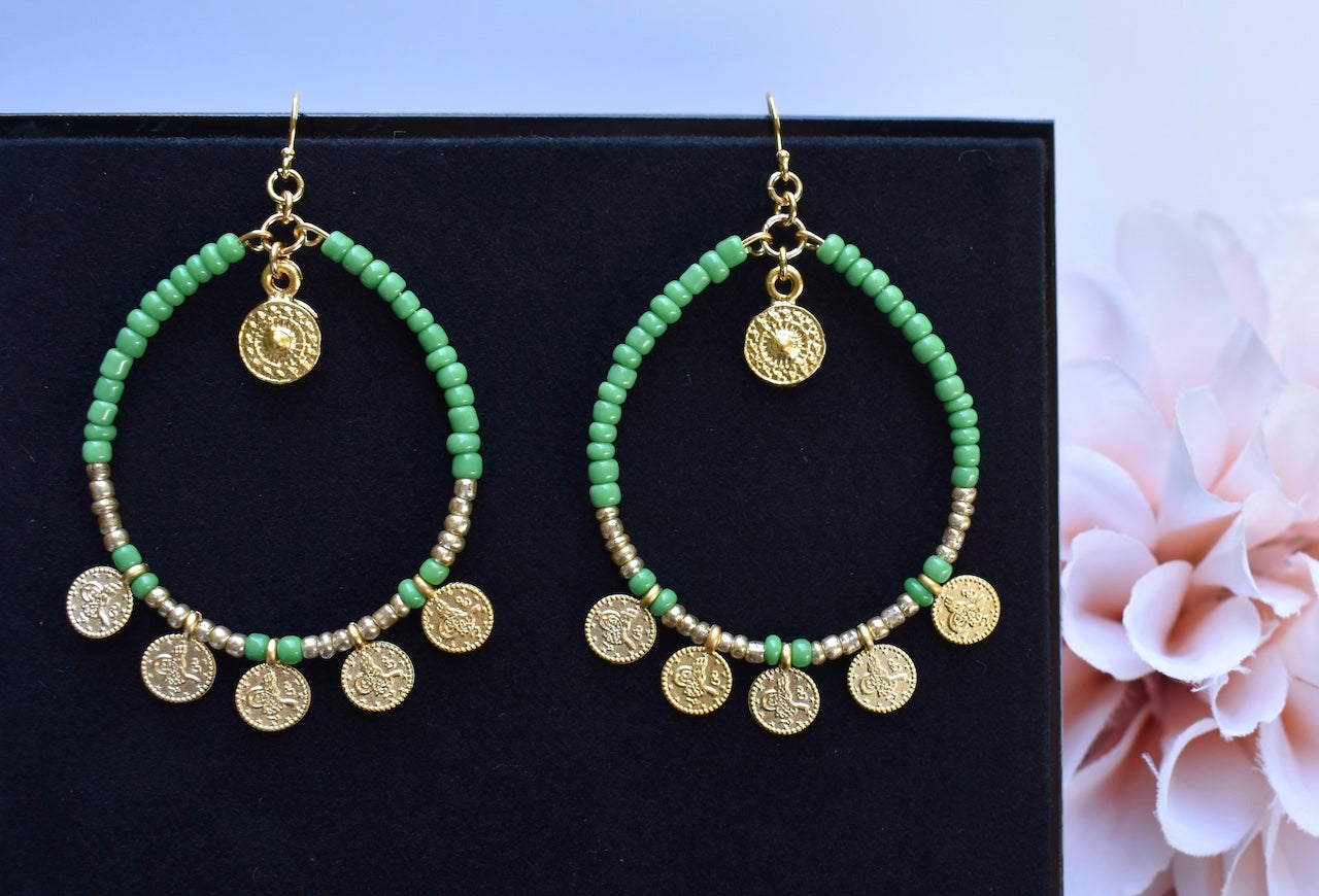 'Jade' - beaded green and gold hoop earrings