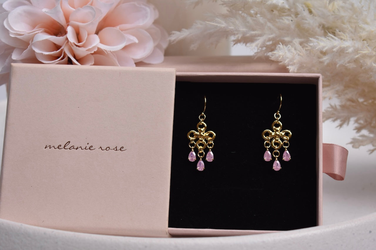 'Nia' - Gold and pink chandelier earrings
