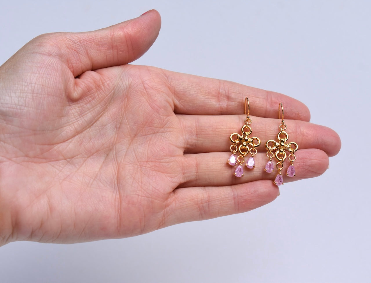 'Nia' - Gold and pink chandelier earrings