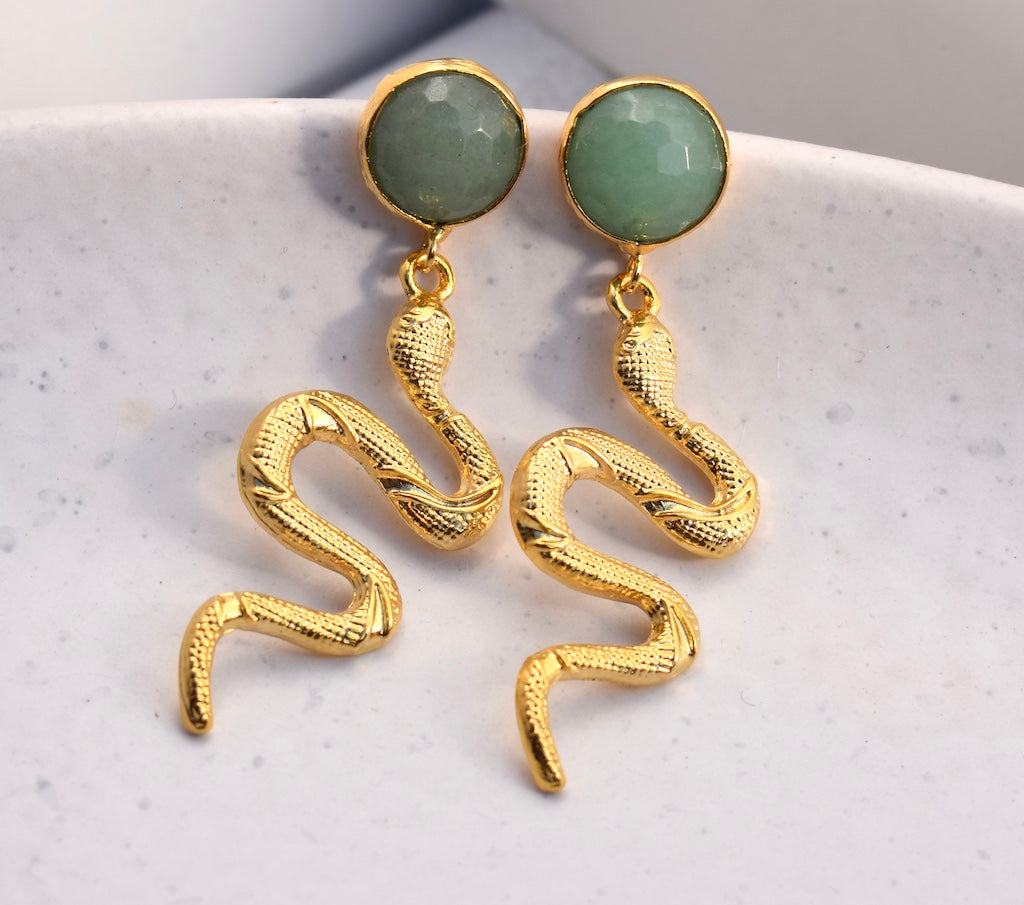 'Phoenix' Gold and jade snake earrings