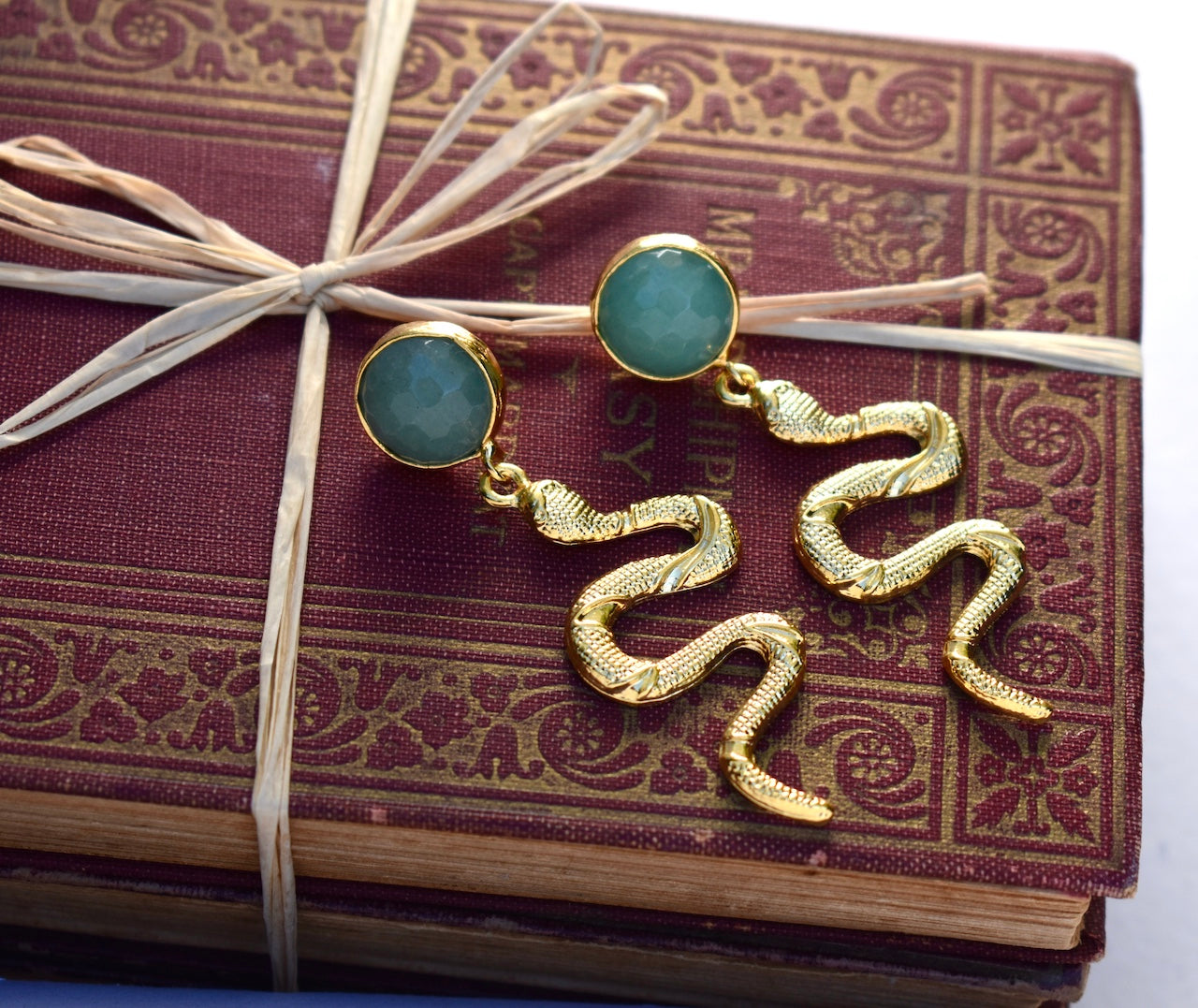 'Phoenix' Gold and jade snake earrings