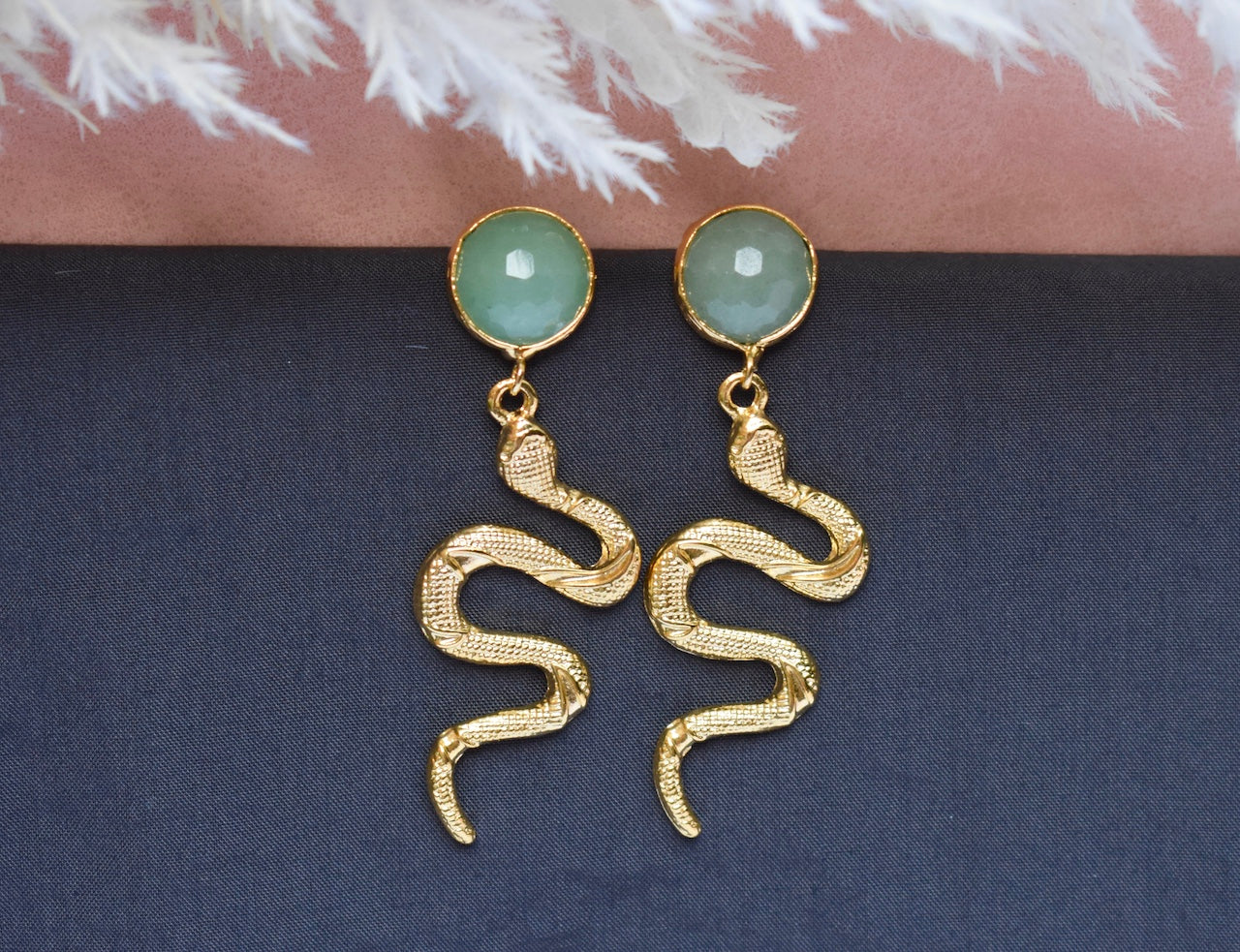 'Phoenix' Gold and jade snake earrings