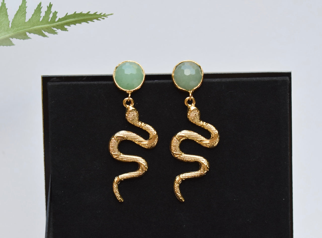 'Phoenix' Gold and jade snake earrings