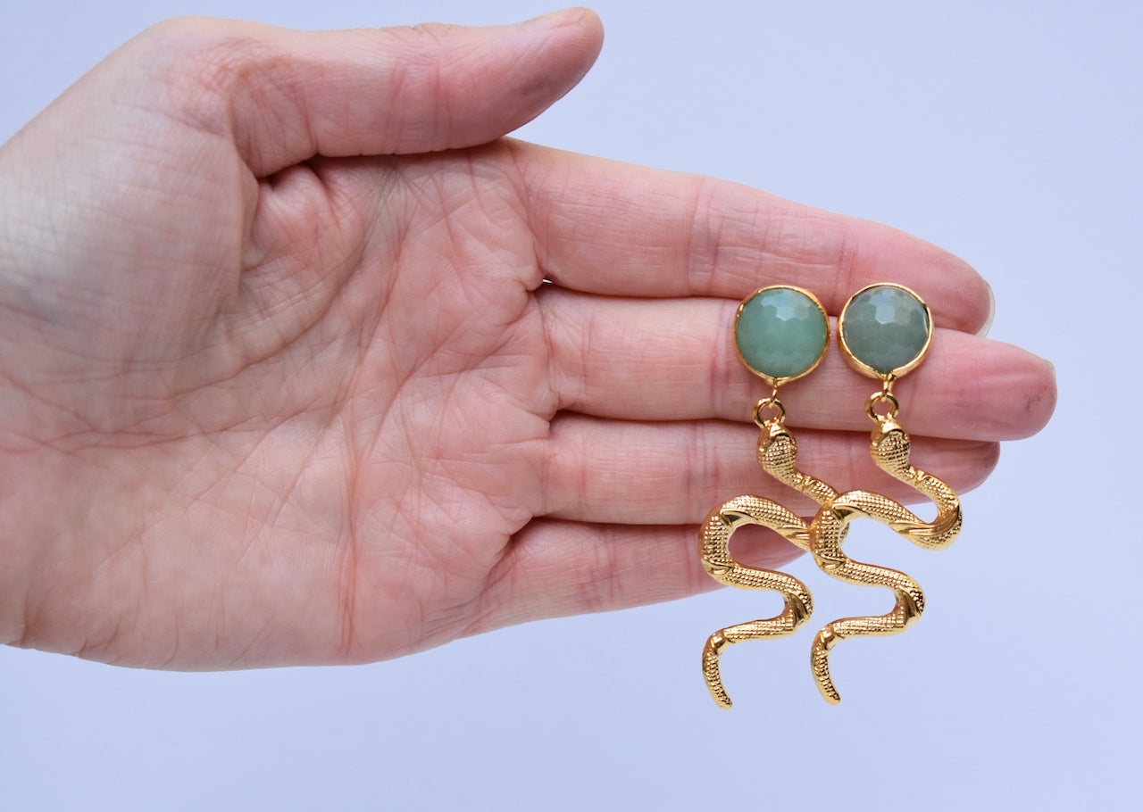 'Phoenix' Gold and jade snake earrings