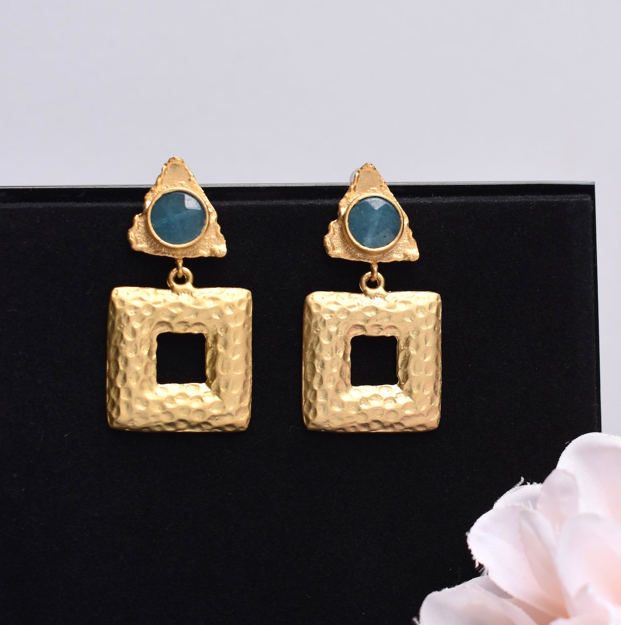 'Angelina' - Hammered triangle and square gold earrings