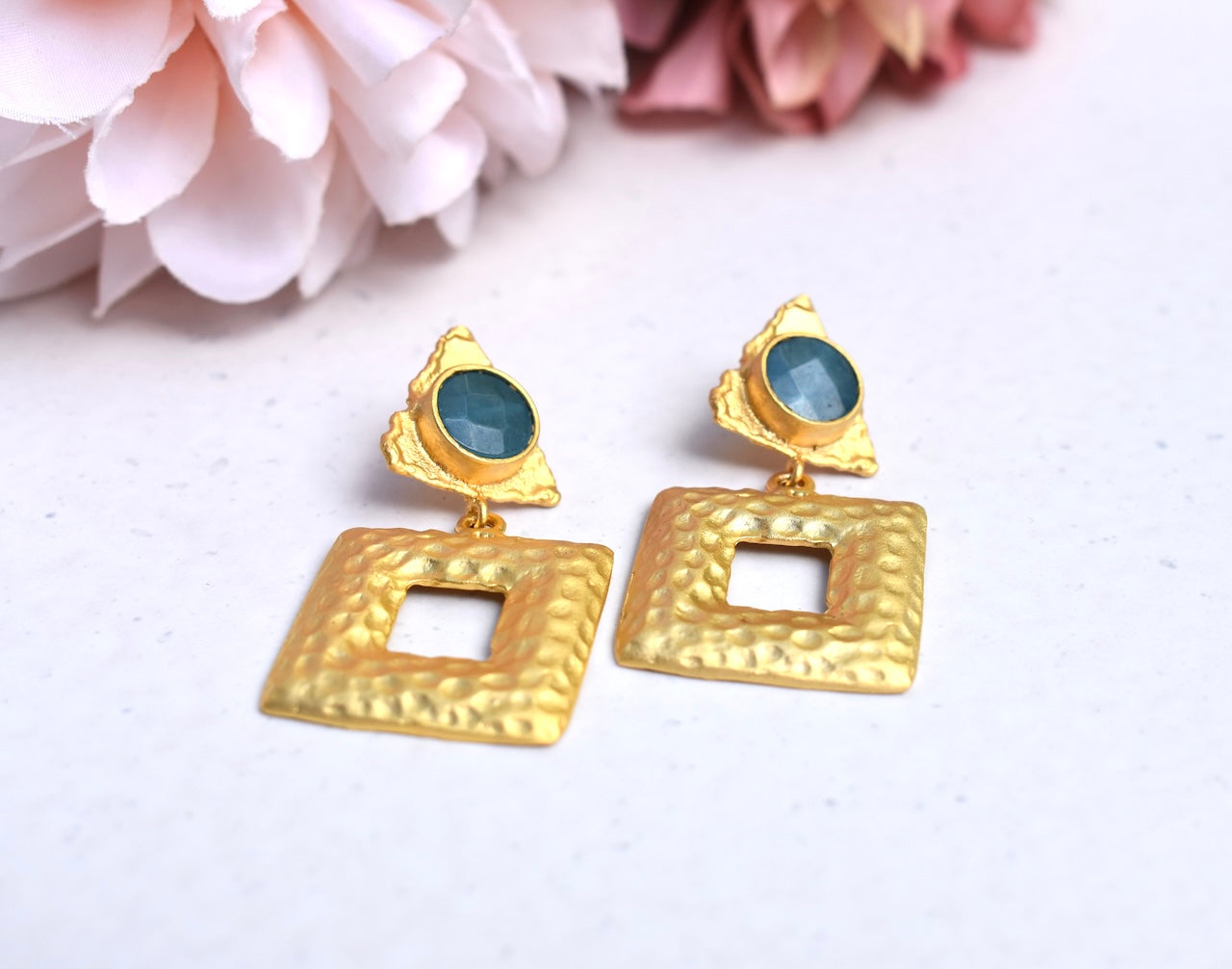 'Angelina' - Hammered triangle and square gold earrings