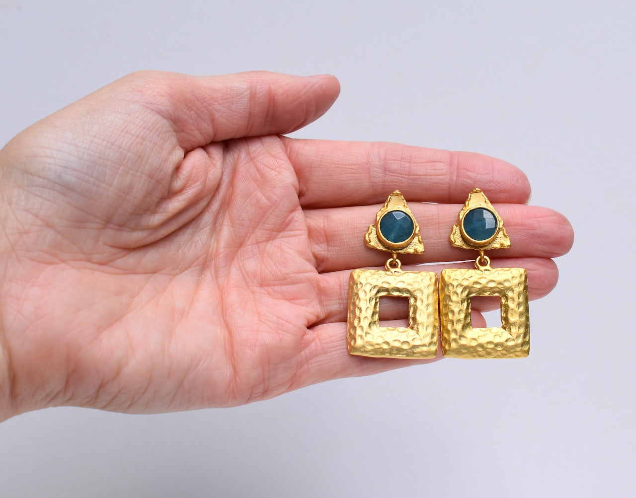 'Angelina' - Hammered triangle and square gold earrings