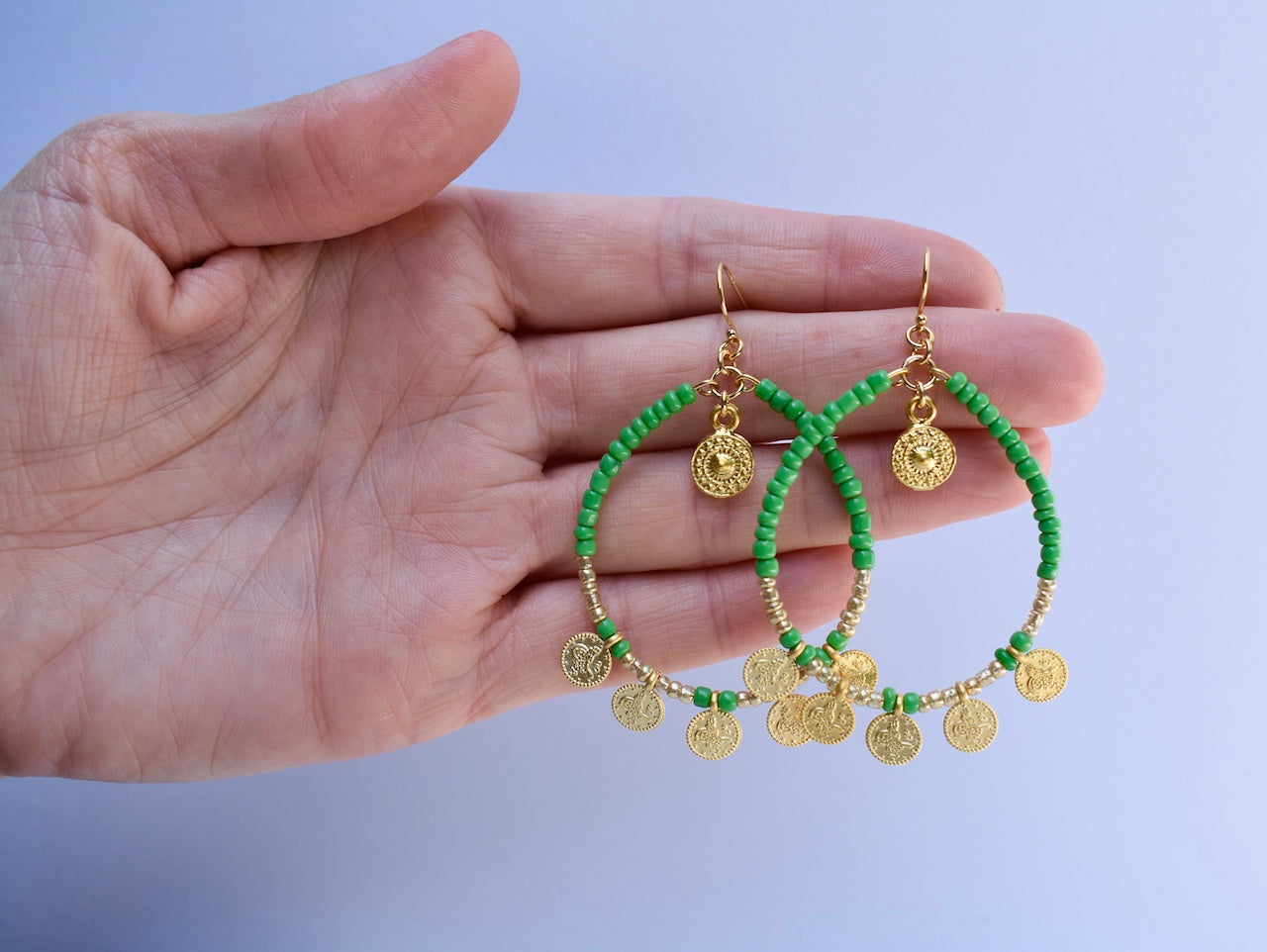 'Jade' - beaded green and gold hoop earrings