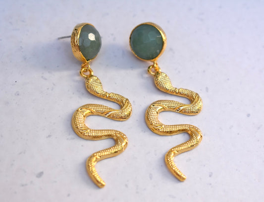 'Phoenix' Gold and jade snake earrings